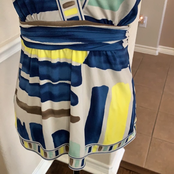 BCBGMAXAZRIA blue, green, brown & yellow geometric striped short sleeve top - Picture 8 of 17